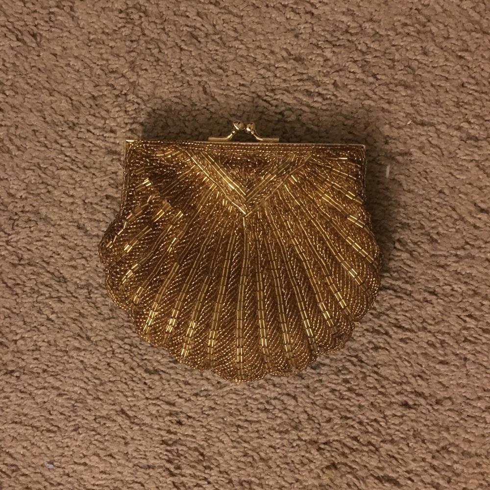 Gold beaded clam clutch